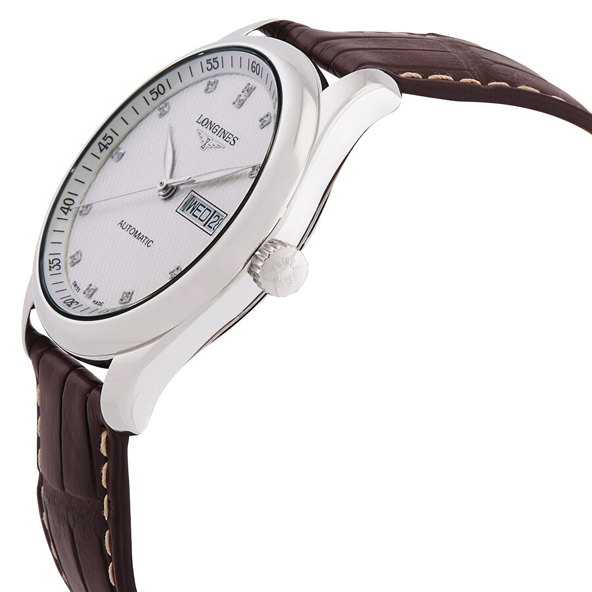 Longines Master Collection Automatic Stainless Steel Silver Dial Brown Leather Strap Diamonds Day/Date Mens Watch L2.755.4.77.3 wholesalehk.shop