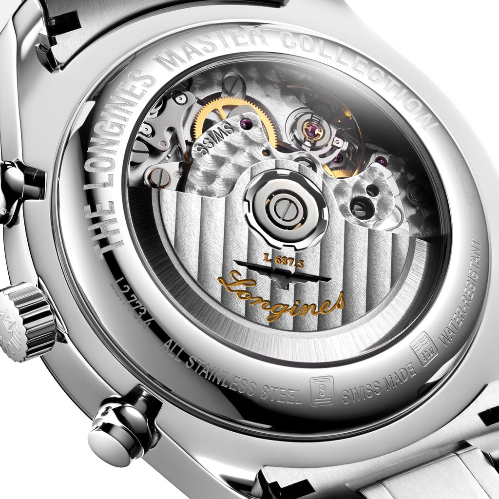 Longines Master Collection Complications Automatic Chronograph Stainless Steel Silver Dial Day/Date Month Moonphase Mens Watch L2.773.4.71.6 wholesalehk.shop