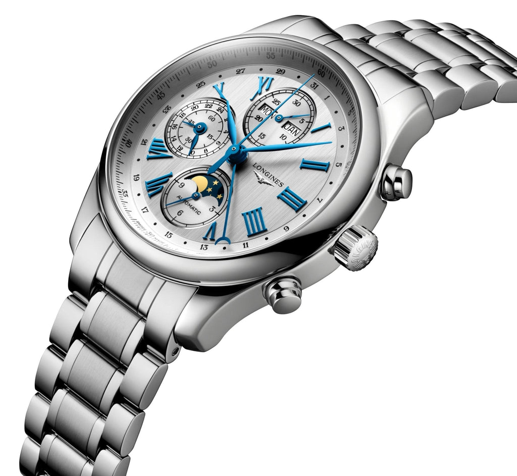 Longines Master Collection Complications Automatic Chronograph Stainless Steel Silver Dial Day/Date Month Moonphase Mens Watch L2.773.4.71.6 wholesalehk.shop