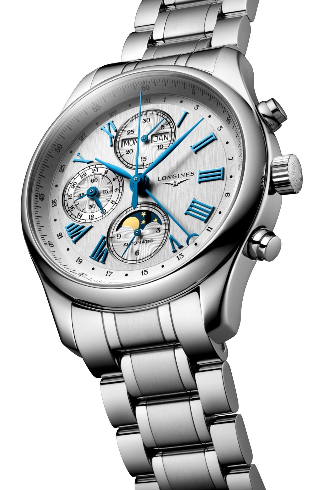 Longines Master Collection Complications Automatic Chronograph Stainless Steel Silver Dial Day/Date Month Moonphase Mens Watch L2.773.4.71.6 wholesalehk.shop