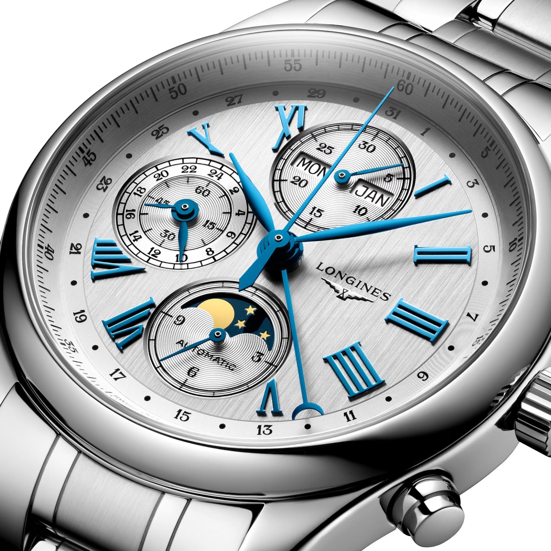 Longines Master Collection Complications Automatic Chronograph Stainless Steel Silver Dial Day/Date Month Moonphase Mens Watch L2.773.4.71.6 wholesalehk.shop