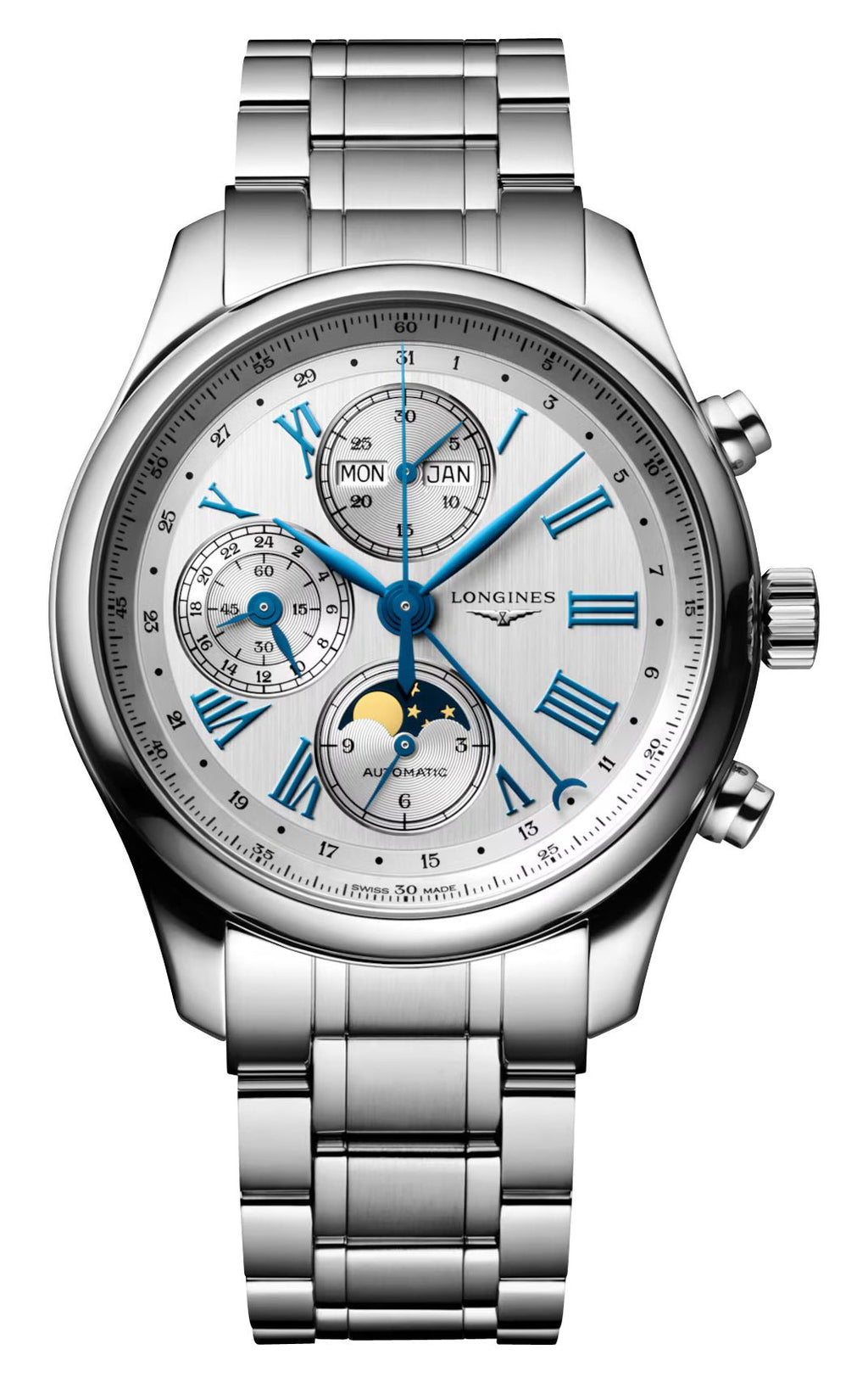 Longines Master Collection Complications Automatic Chronograph Stainless Steel Silver Dial Day/Date Month Moonphase Mens Watch L2.773.4.71.6 wholesalehk.shop