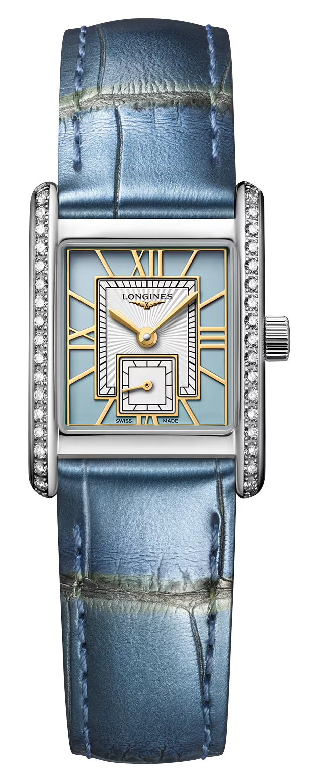 Longines Mini DolceVita Stainless Steel Blue Dial Blue Leather Strap Diamonds Quartz Womens Watch L5.200.0.95.2 wholesalehk.shop