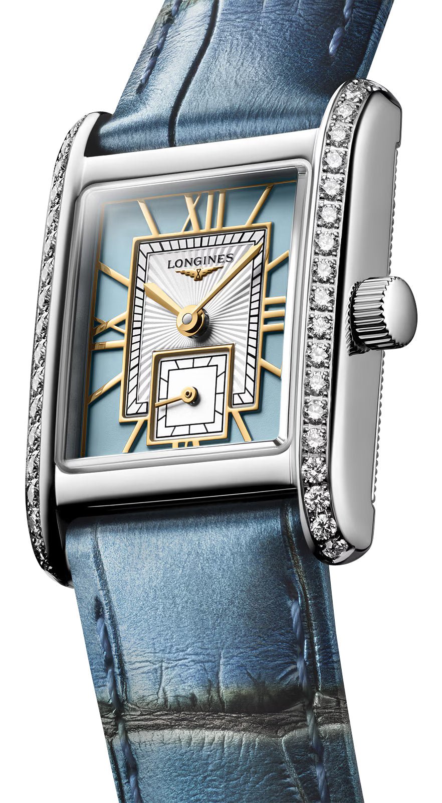 Longines Mini DolceVita Stainless Steel Blue Dial Blue Leather Strap Diamonds Quartz Womens Watch L5.200.0.95.2 wholesalehk.shop