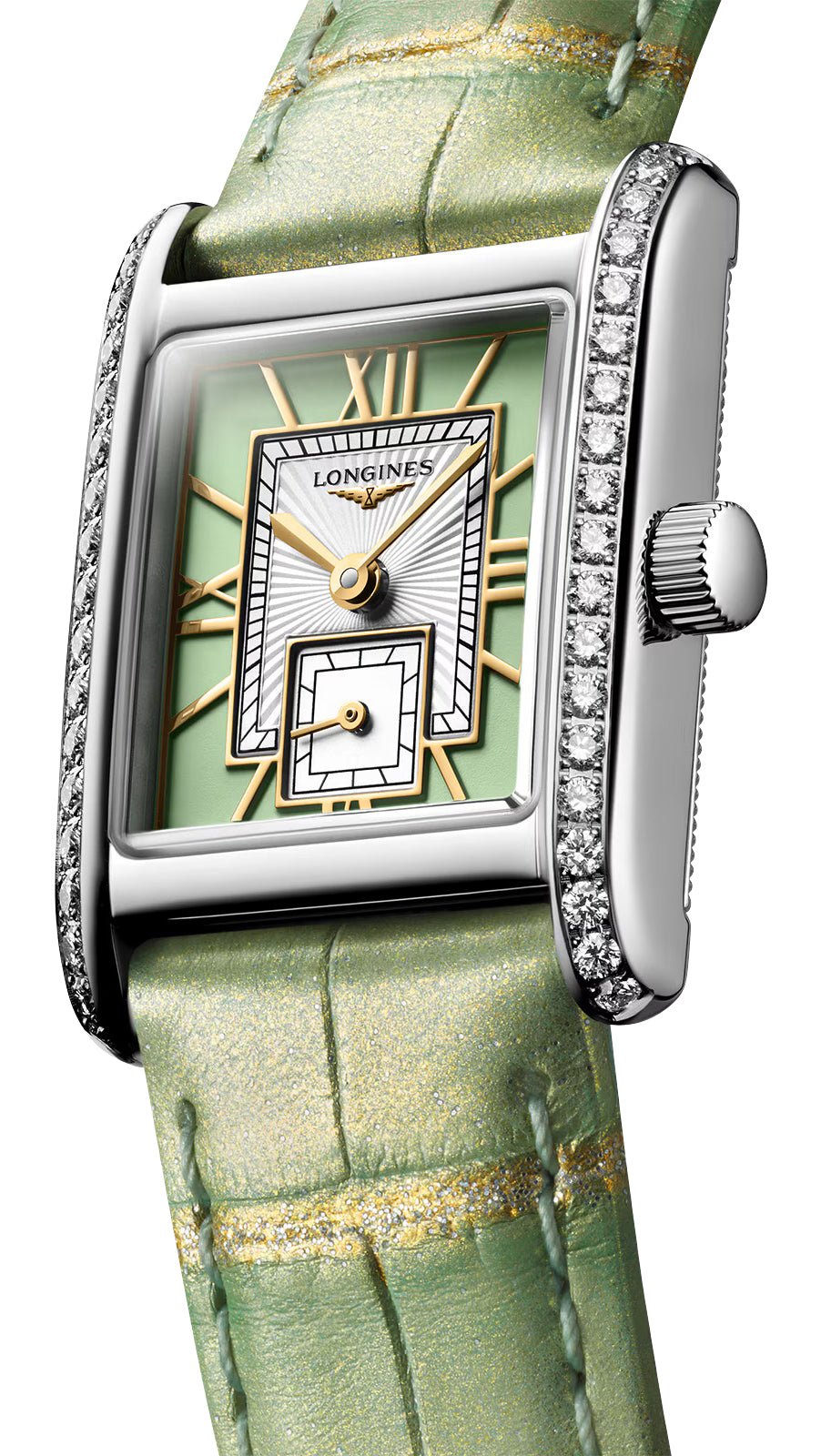 Longines Mini DolceVita Stainless Steel Green Dial Green Leather Strap Diamonds Quartz Womens Watch L5.200.0.05.2 wholesalehk.shop