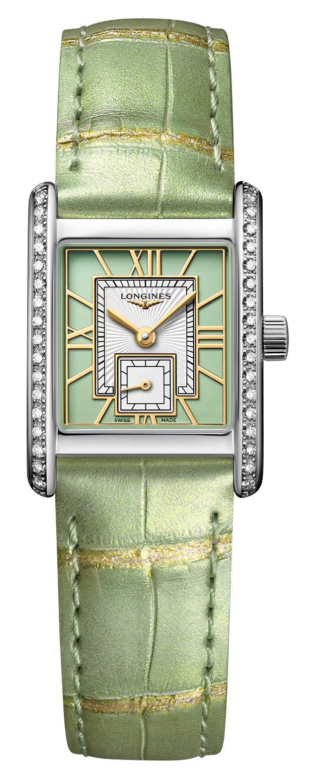 Longines Mini DolceVita Stainless Steel Green Dial Green Leather Strap Diamonds Quartz Womens Watch L5.200.0.05.2 wholesalehk.shop