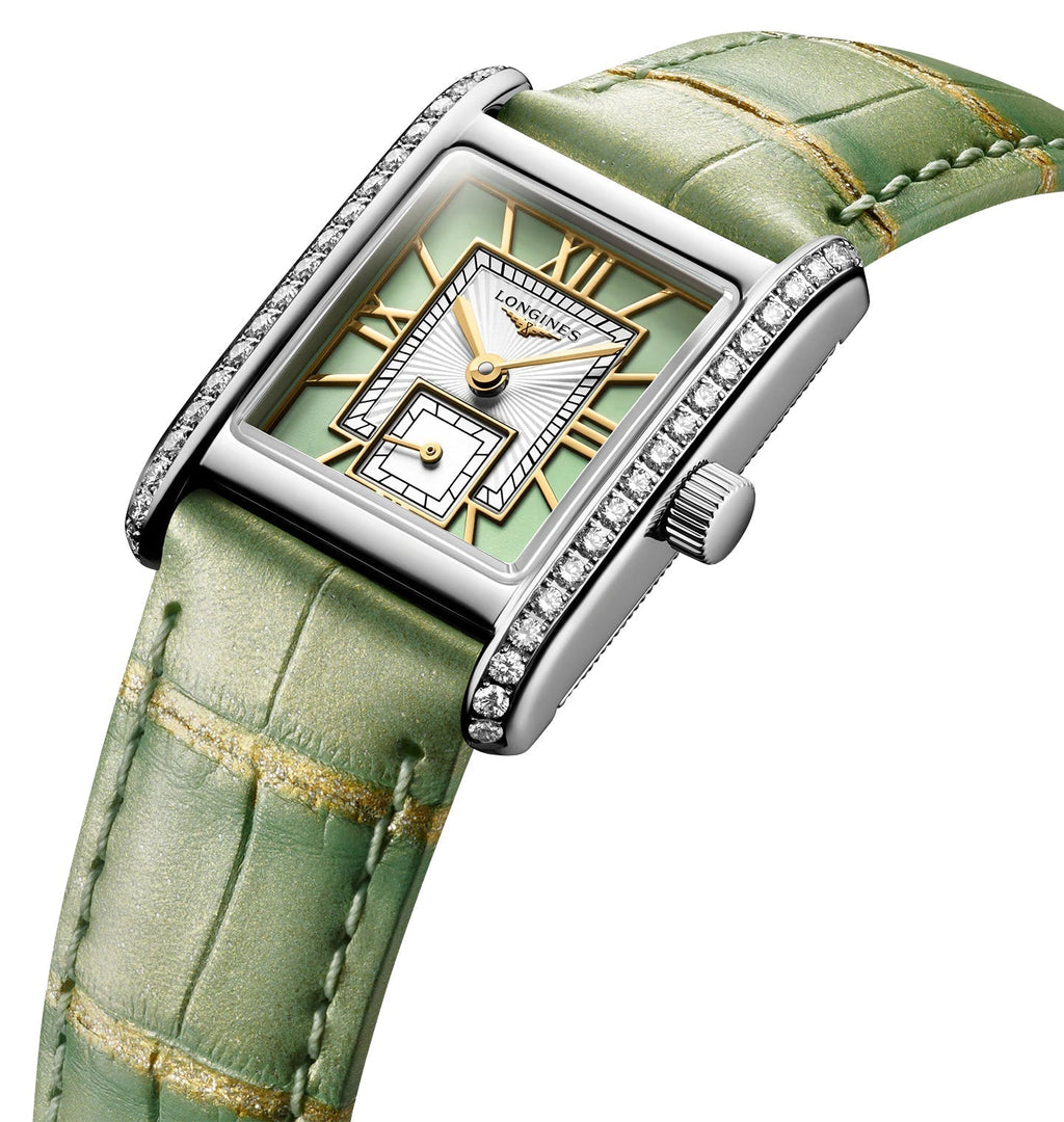 Longines Mini DolceVita Stainless Steel Green Dial Green Leather Strap Diamonds Quartz Womens Watch L5.200.0.05.2 wholesalehk.shop