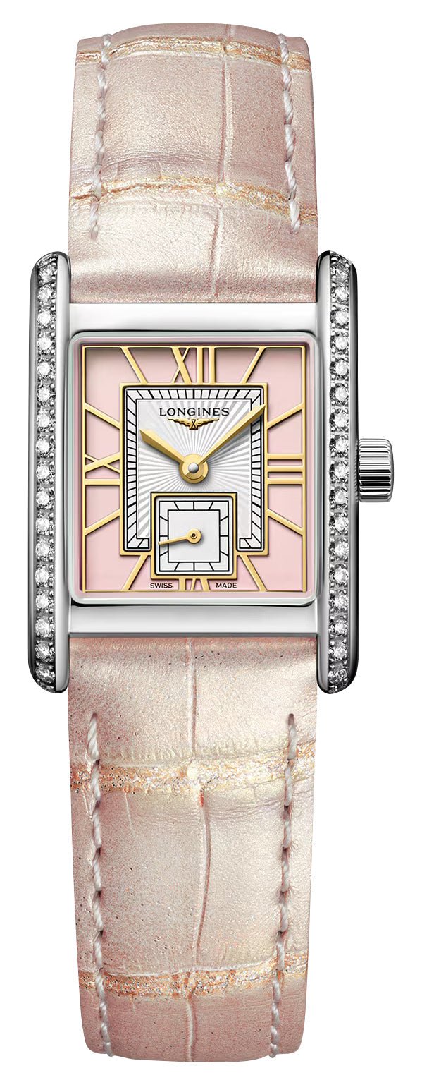 Longines Mini DolceVita Stainless Steel Pink Dial Pink Leather Strap Diamonds Quartz Womens Watch L5.200.0.99.2 wholesalehk.shop
