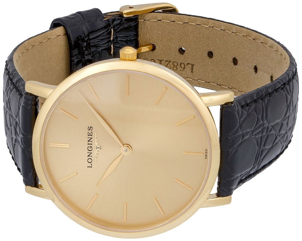Longines Presence 18K Yellow Gold L48246322 Black Leather Strap Quartz Mens Watch Gold Tone Dial wholesalehk.shop