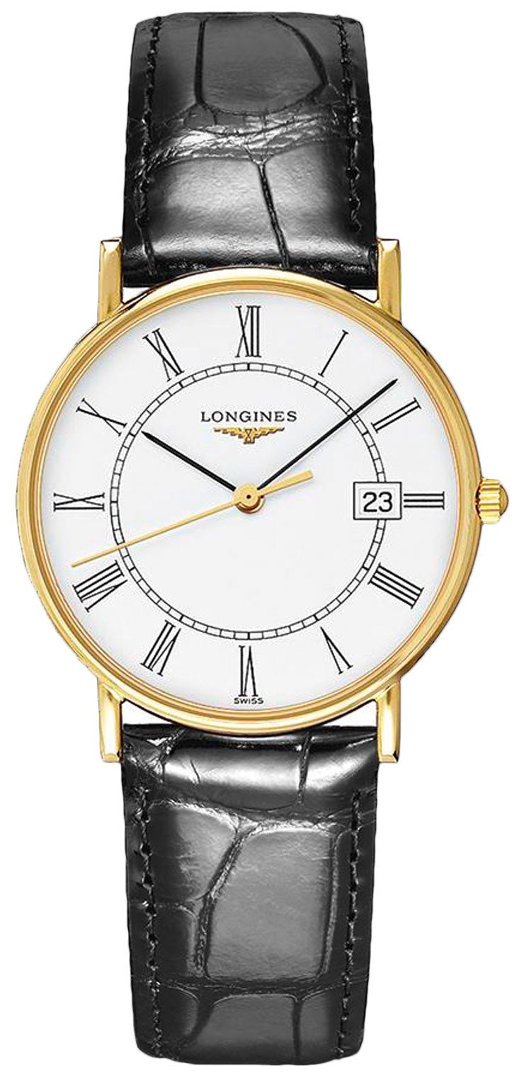 Longines Presence 18kt Yellow Gold White Dial Black Leather Strap Date Quartz Mens Watch L4.743.6.11.0 wholesalehk.shop