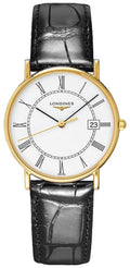 Longines Presence 18kt Yellow Gold White Dial Black Leather Strap Date Quartz Mens Watch L4.743.6.11.0 wholesalehk.shop