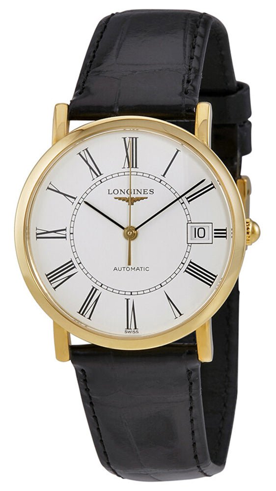 Longines Presence Automatic 18K Yellow Gold White Dial Black Leather Strap Date Mens Watch L4.778.6.11.0 wholesalehk.shop
