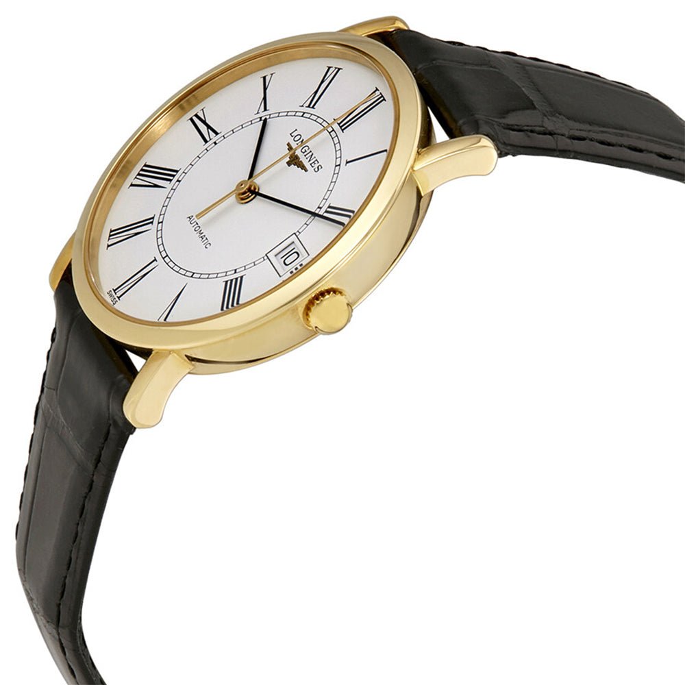 Longines Presence Automatic 18K Yellow Gold White Dial Black Leather Strap Date Mens Watch L4.778.6.11.0 wholesalehk.shop