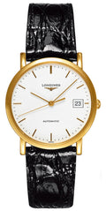 Longines Presence Automatic 18K Yellow Gold White Dial Black Leather Strap Date Unisex Watch L4.778.6.12.0 wholesalehk.shop