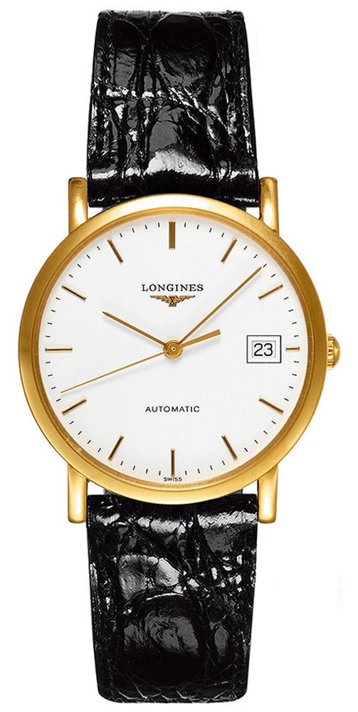 Longines Presence Automatic 18K Yellow Gold White Dial Black Leather Strap Date Unisex Watch L4.778.6.12.0 wholesalehk.shop