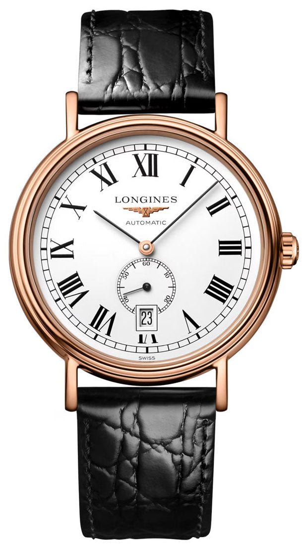 Longines Presence Automatic Rose Gold PVD White Dial Black Leather Strap Date Mens Watch L4.904.1.11.2 wholesalehk.shop