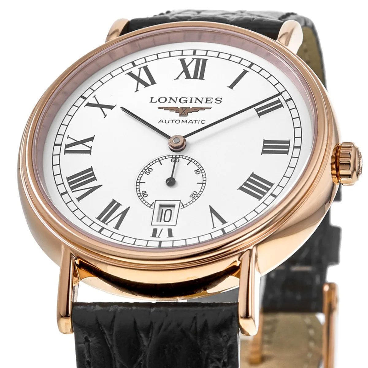 Longines Presence Automatic Rose Gold PVD White Dial Black Leather Strap Date Mens Watch L4.905.1.11.2 wholesalehk.shop
