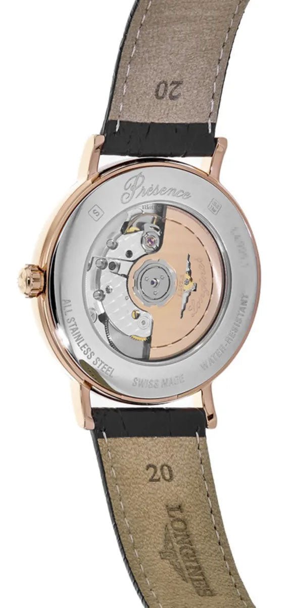 Longines Presence Automatic Rose Gold PVD White Dial Black Leather Strap Date Mens Watch L4.905.1.11.2 wholesalehk.shop