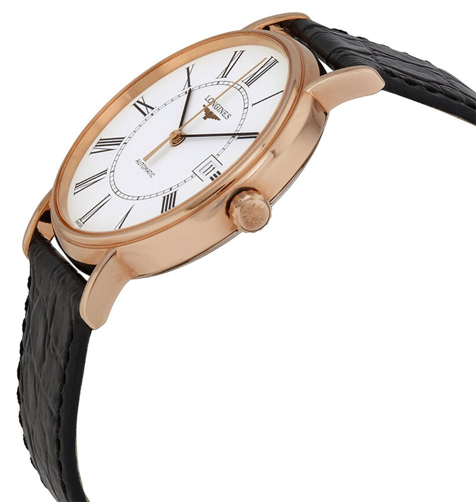 Longines Presence Automatic Rose Gold PVD White Dial Black Leather Strap Date Mens Watch L4.921.1.11.2 wholesalehk.shop