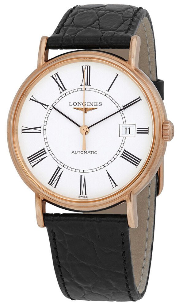 Longines Presence Automatic Rose Gold PVD White Dial Black Leather Strap Date Mens Watch L4.921.1.11.2 wholesalehk.shop