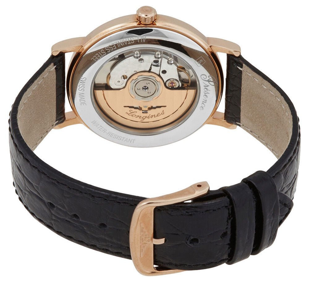 Longines Presence Automatic Rose Gold PVD White Dial Black Leather Strap Date Mens Watch L4.921.1.11.2 wholesalehk.shop
