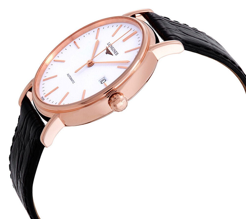 Longines Presence Automatic Rose Gold PVD White Dial Black Leather Strap Date Mens Watch L4.921.1.12.2 wholesalehk.shop
