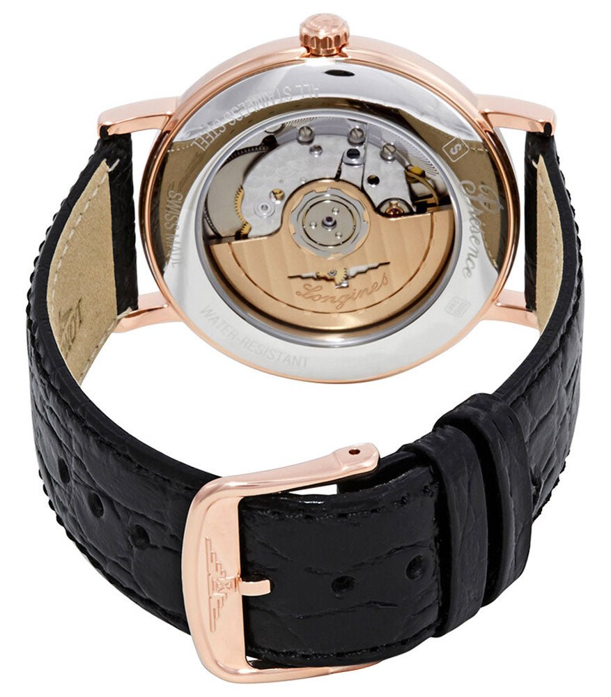 Longines Presence Automatic Rose Gold PVD White Dial Black Leather Strap Date Mens Watch L4.921.1.12.2 wholesalehk.shop