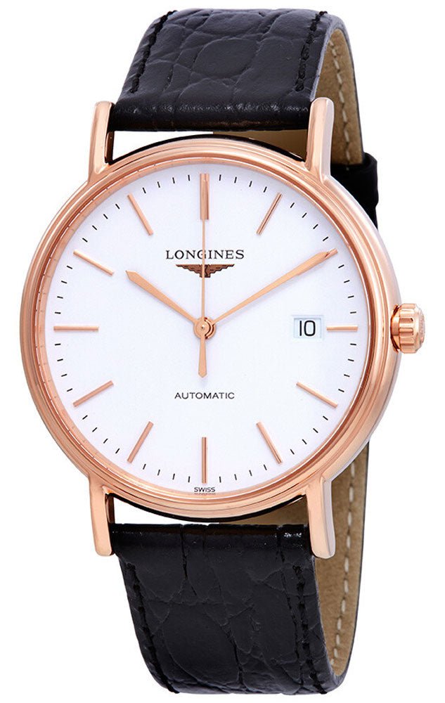 Longines Presence Automatic Rose Gold PVD White Dial Black Leather Strap Date Mens Watch L4.921.1.12.2 wholesalehk.shop