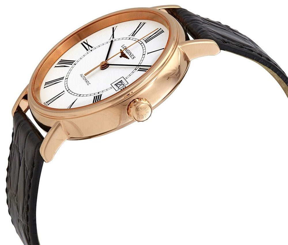 Longines Presence Automatic Rose Gold PVD White Dial Black Leather Strap Date Mens Watch L4.922.1.11.2 wholesalehk.shop