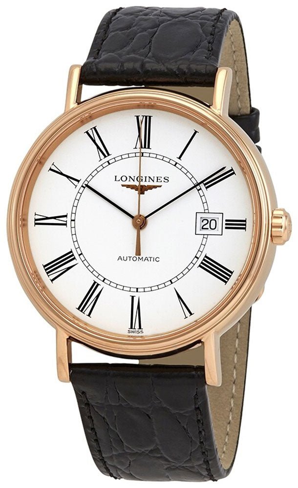 Longines Presence Automatic Rose Gold PVD White Dial Black Leather Strap Date Mens Watch L4.922.1.11.2 wholesalehk.shop