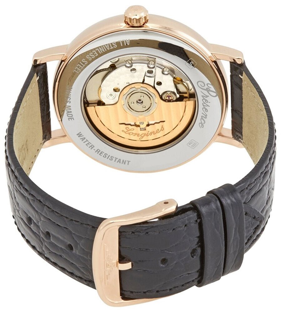 Longines Presence Automatic Rose Gold PVD White Dial Black Leather Strap Date Mens Watch L4.922.1.11.2 wholesalehk.shop