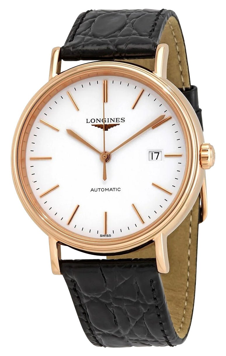 Longines Presence Automatic Rose Gold PVD White Dial Black Leather Strap Date Mens Watch L4.922.1.12.2 wholesalehk.shop