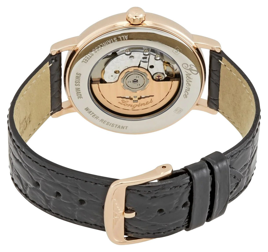 Longines Presence Automatic Rose Gold PVD White Dial Black Leather Strap Date Mens Watch L4.922.1.12.2 wholesalehk.shop