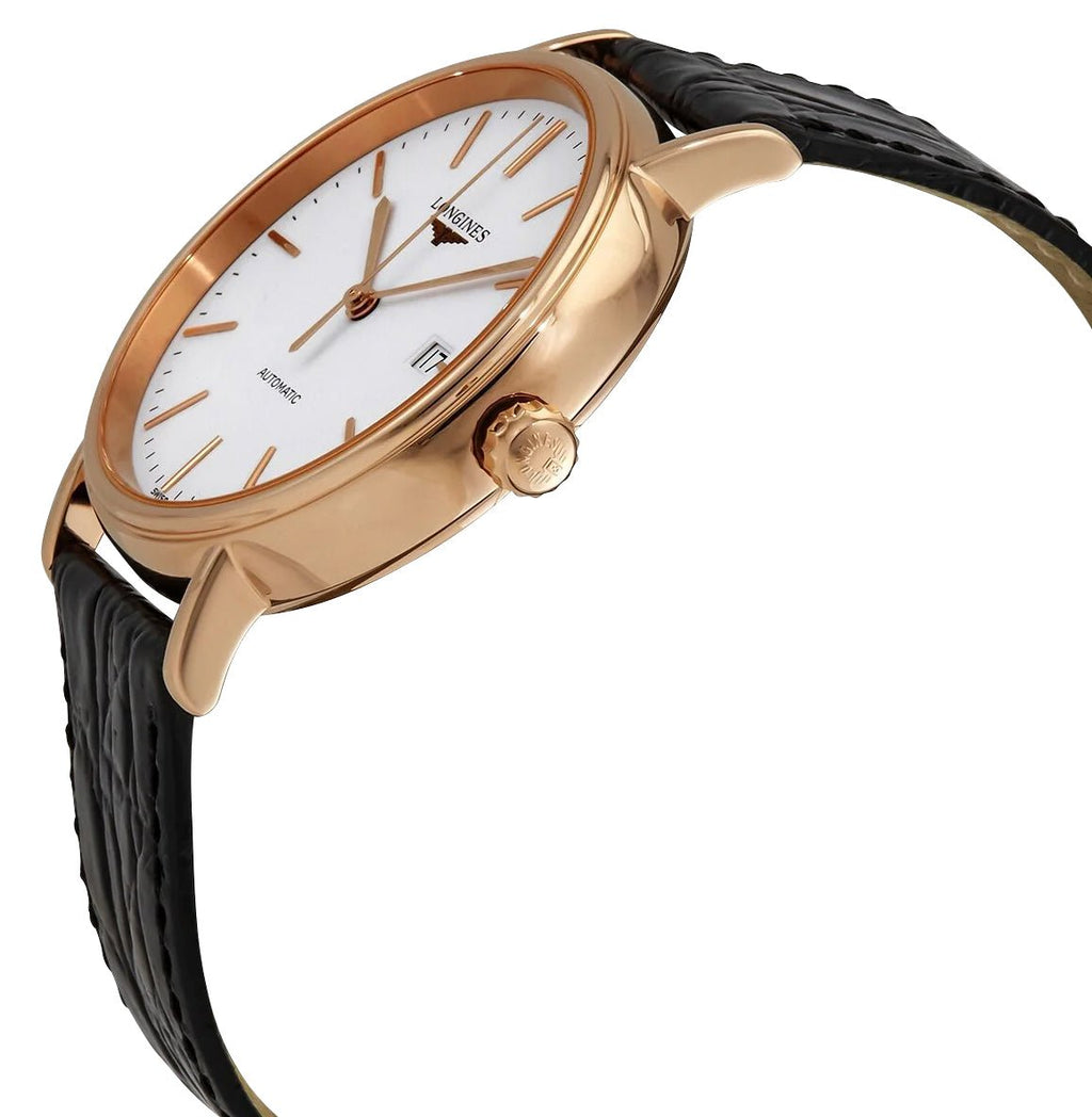 Longines Presence Automatic Rose Gold PVD White Dial Black Leather Strap Date Mens Watch L4.922.1.12.2 wholesalehk.shop