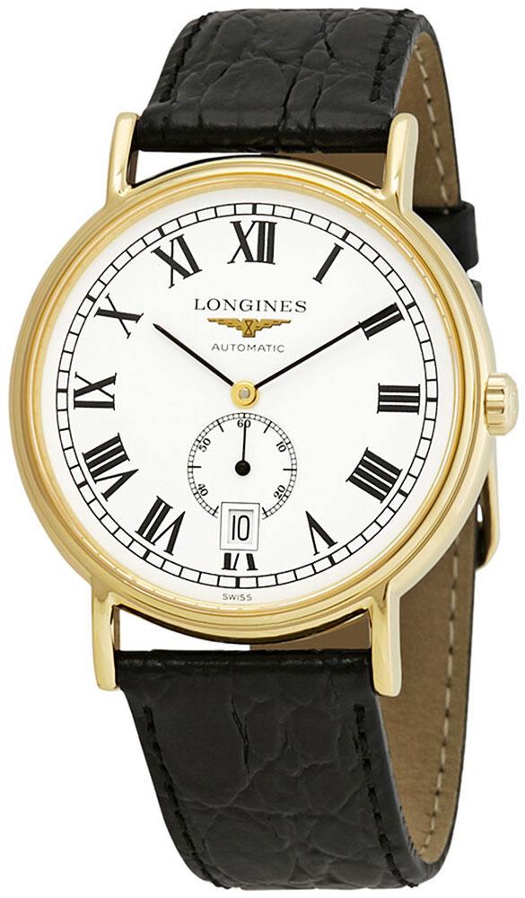 Longines Presence Automatic Yellow Gold PVD White Dial Black Leather Strap Date Mens Watch L4.805.2.11.2 wholesalehk.shop