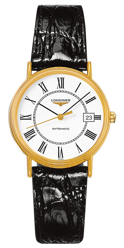 Longines Presence Automatic Yellow Gold PVD White Dial Black Leather Strap Date Mens Watch L4.821.2.11.2 wholesalehk.shop
