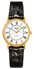 Longines Presence Automatic Yellow Gold PVD White Dial Black Leather Strap Date Mens Watch L4.821.2.11.2 wholesalehk.shop