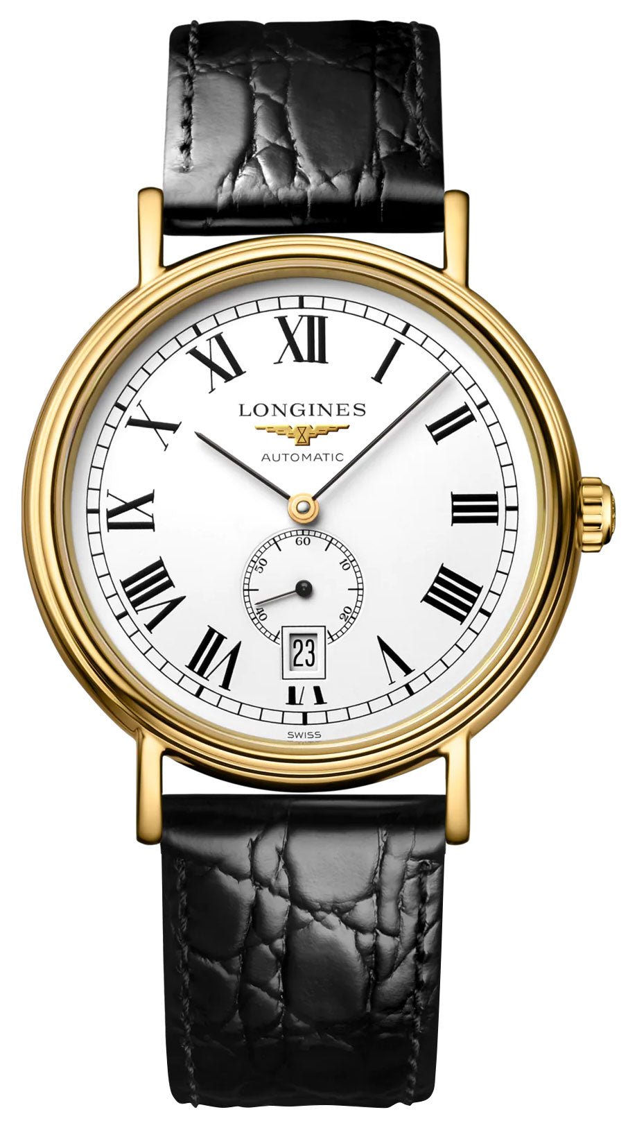 Longines Presence Automatic Yellow Gold PVD White Dial Black Leather Strap Date Mens Watch L4.904.2.11.2 wholesalehk.shop