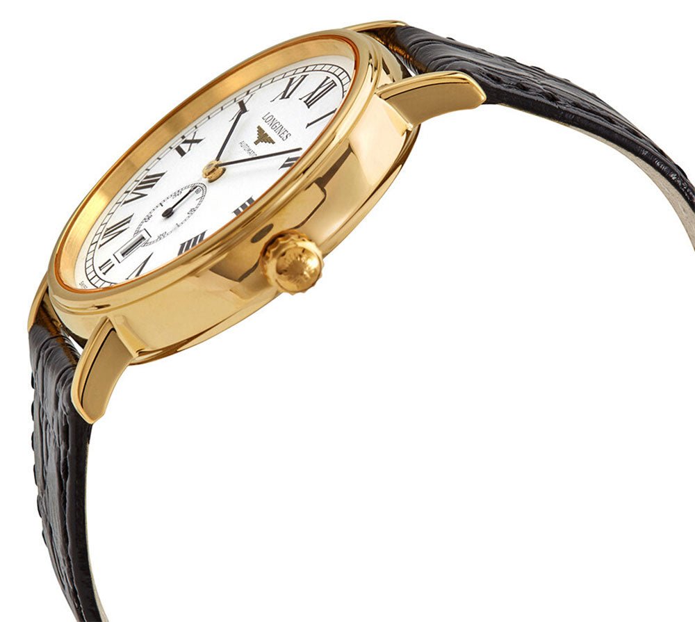 Longines Presence Automatic Yellow Gold PVD White Dial Black Leather Strap Date Mens Watch L4.905.2.11.2 wholesalehk.shop