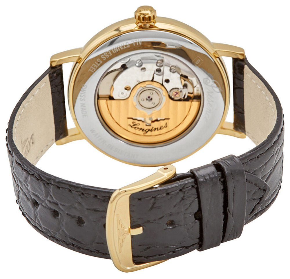 Longines Presence Automatic Yellow Gold PVD White Dial Black Leather Strap Date Mens Watch L4.905.2.11.2 wholesalehk.shop