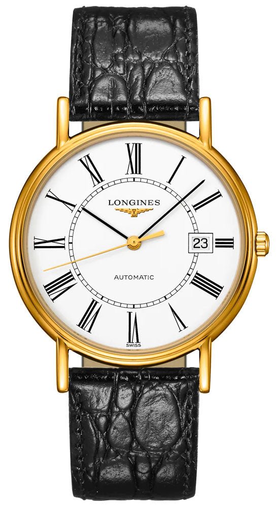 Longines Presence Automatic Yellow Gold PVD White Dial Black Leather Strap Date Mens Watch L4.921.2.11.2 wholesalehk.shop