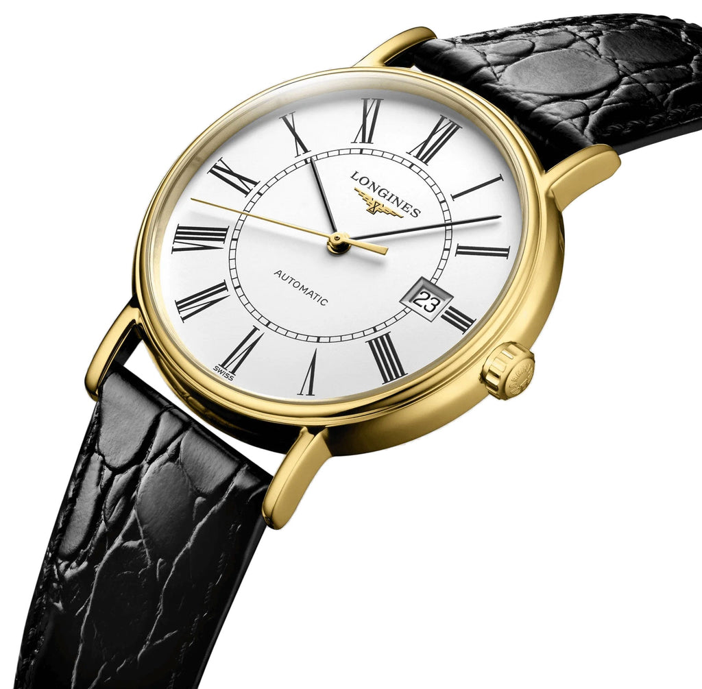 Longines Presence Automatic Yellow Gold PVD White Dial Black Leather Strap Date Mens Watch L4.921.2.11.2 wholesalehk.shop