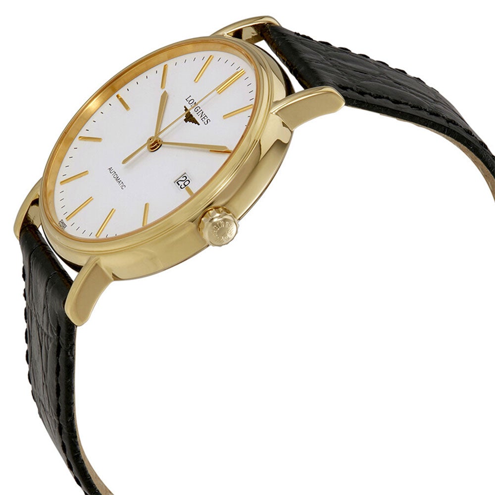 Longines Presence Automatic Yellow Gold PVD White Dial Black Leather Strap Date Mens Watch L4.921.2.12.2 wholesalehk.shop