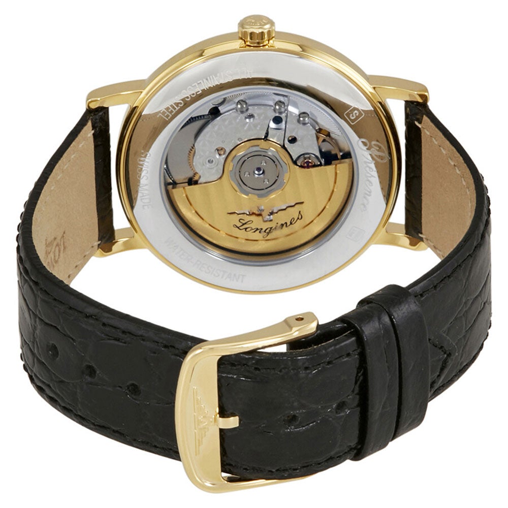 Longines Presence Automatic Yellow Gold PVD White Dial Black Leather Strap Date Mens Watch L4.921.2.12.2 wholesalehk.shop