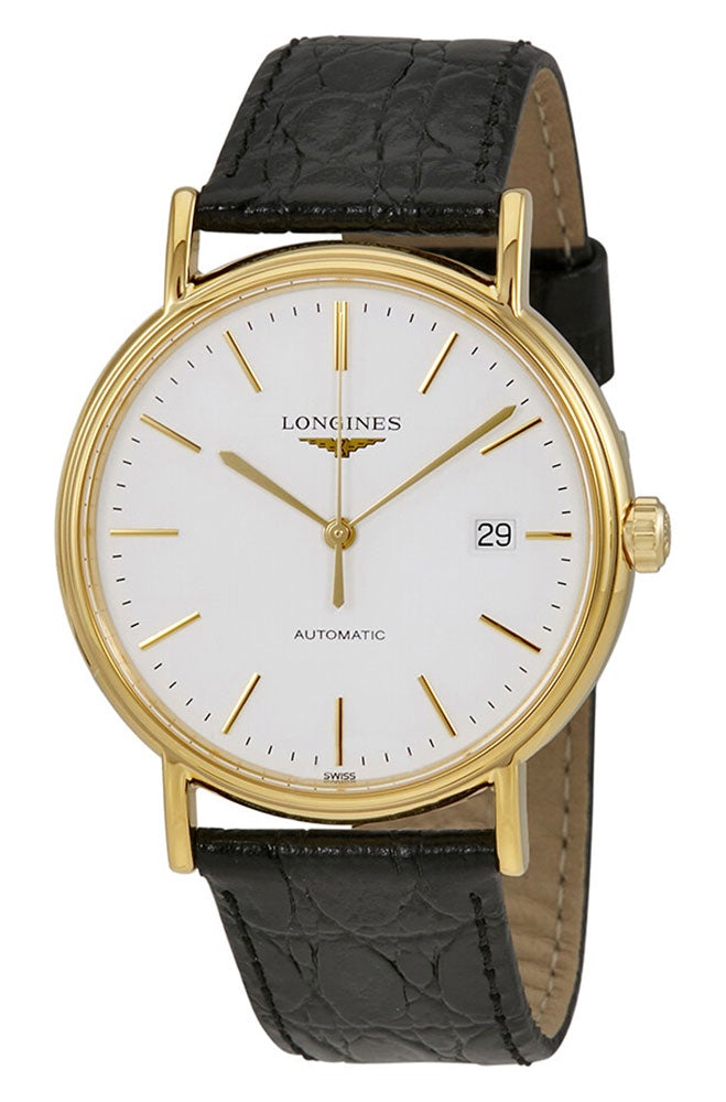 Longines Presence Automatic Yellow Gold PVD White Dial Black Leather Strap Date Mens Watch L4.921.2.12.2 wholesalehk.shop