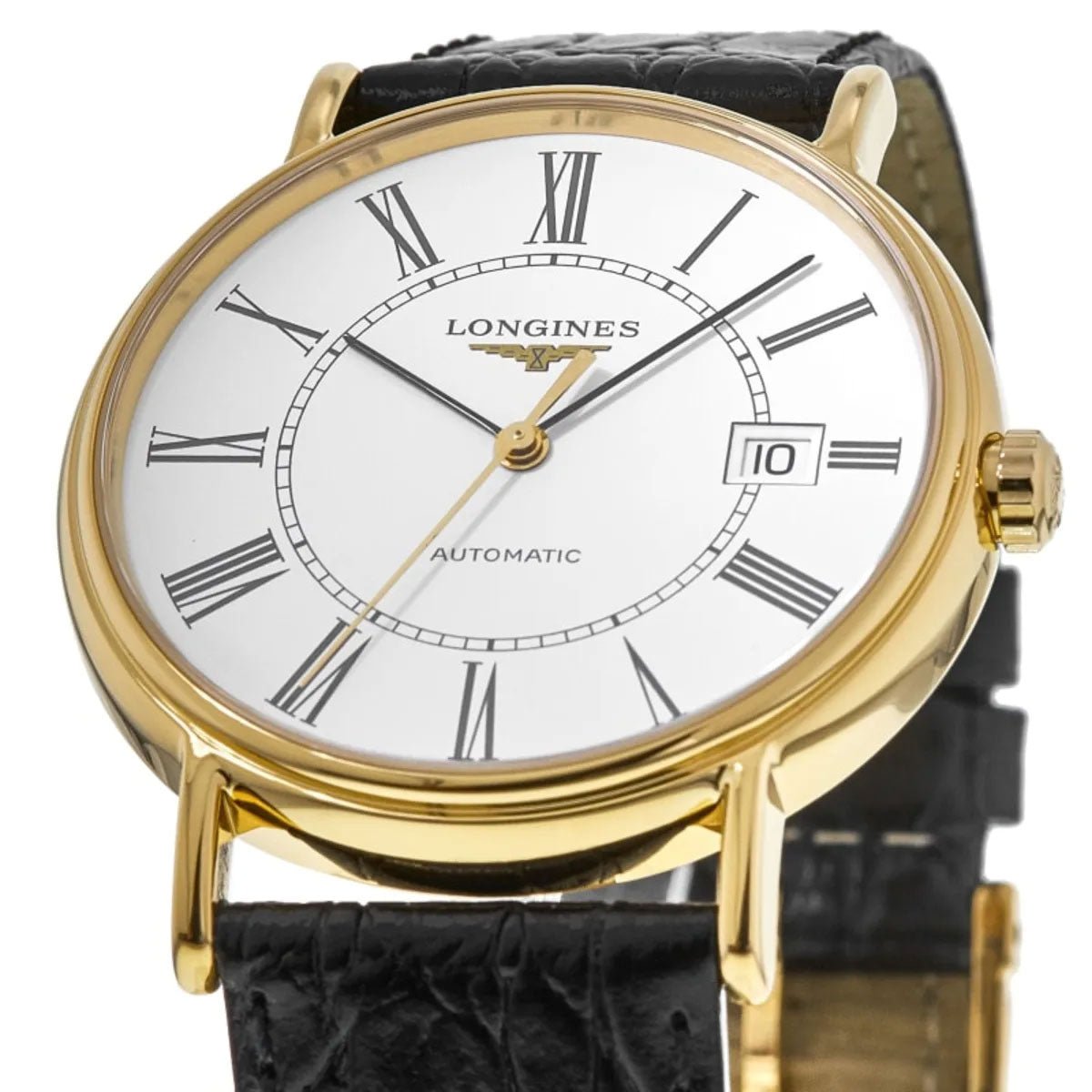 Longines Presence Automatic Yellow Gold PVD White Dial Black Leather Strap Date Mens Watch L4.922.2.11.2 wholesalehk.shop