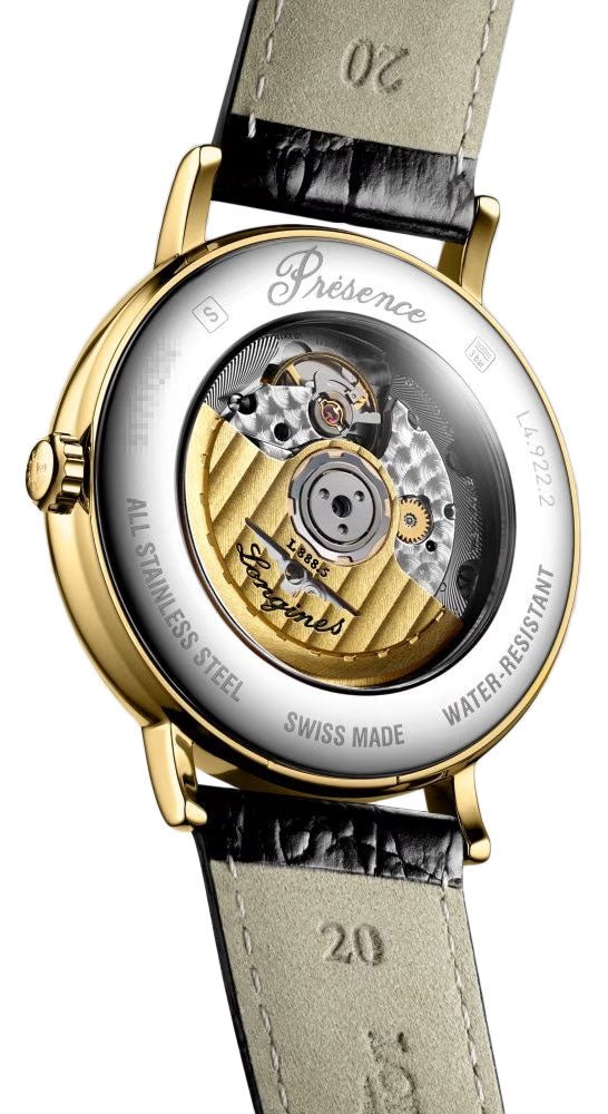 Longines Presence Automatic Yellow Gold PVD White Dial Black Leather Strap Date Mens Watch L4.922.2.11.2 wholesalehk.shop