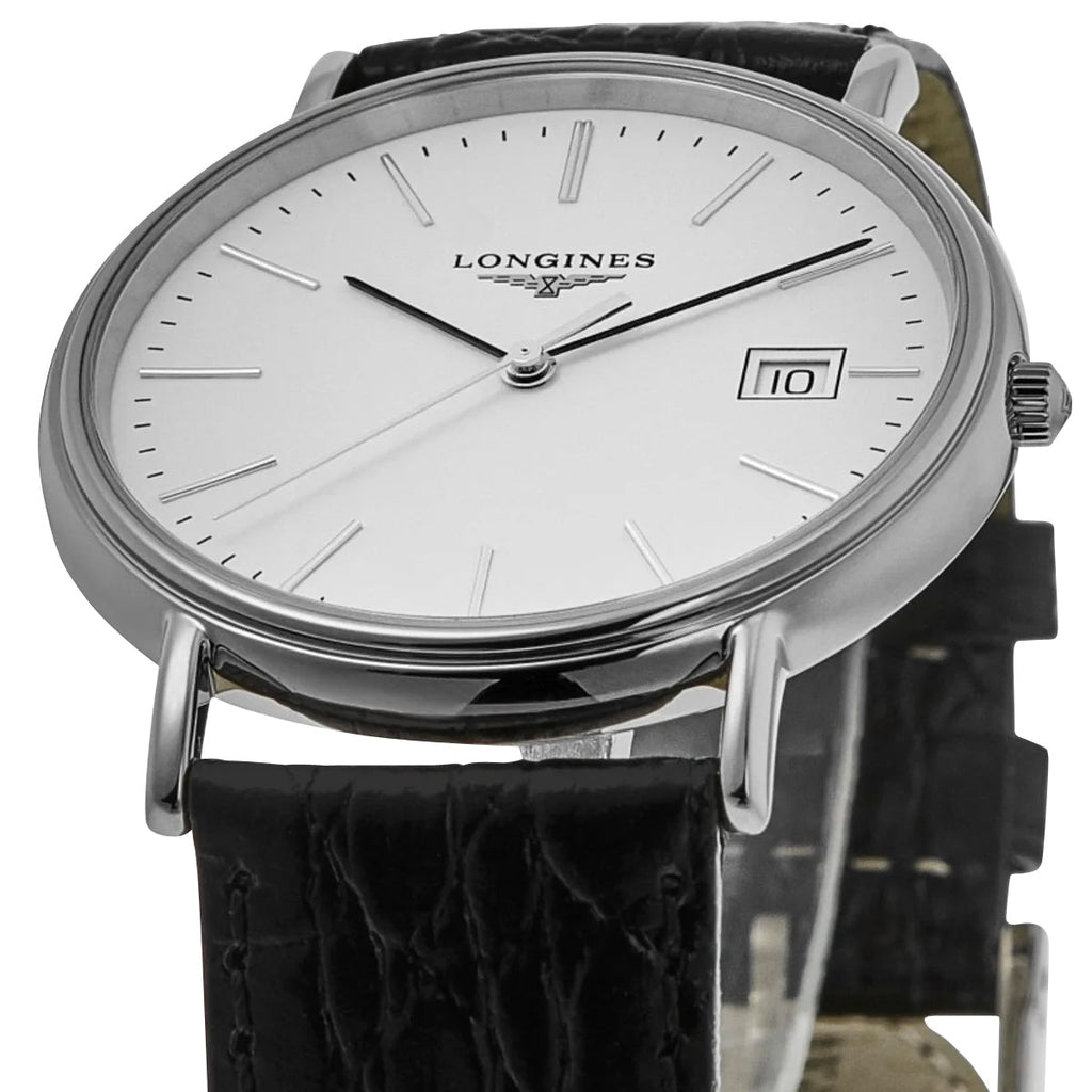 Longines Presence Stainless Steel White Dial Black Leather Strap Date Quartz Mens Watch L4.790.4.12.2 wholesalehk.shop
