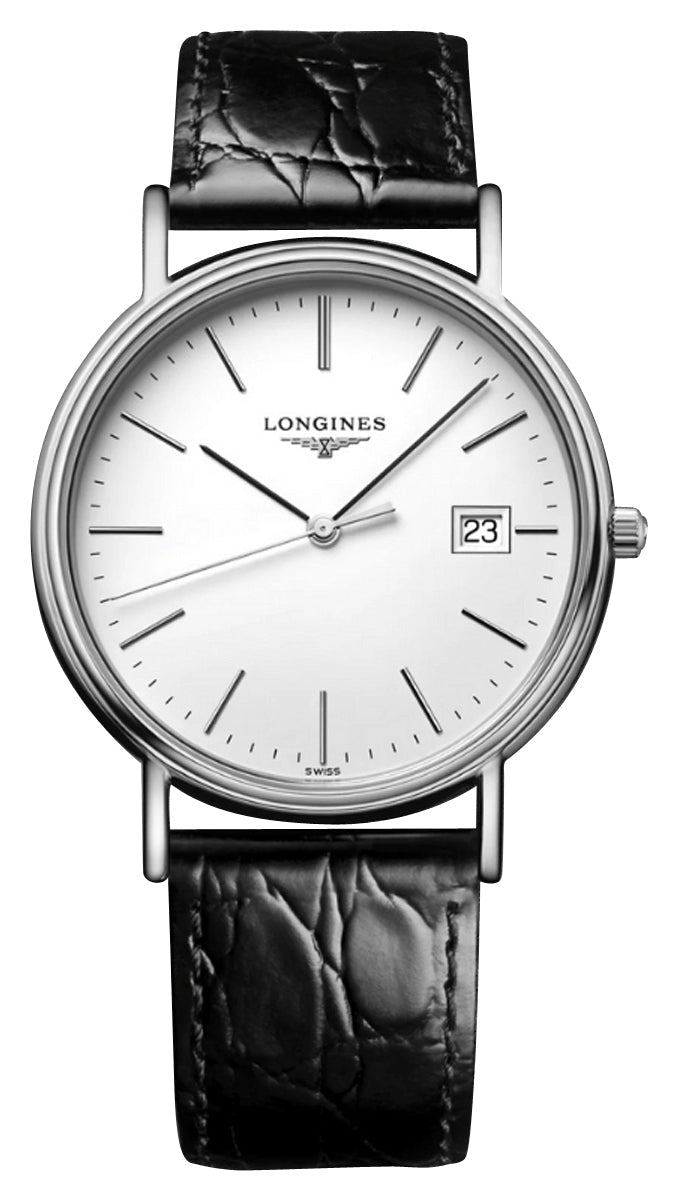 Longines Presence Stainless Steel White Dial Black Leather Strap Date Quartz Mens Watch L4.790.4.12.2 wholesalehk.shop