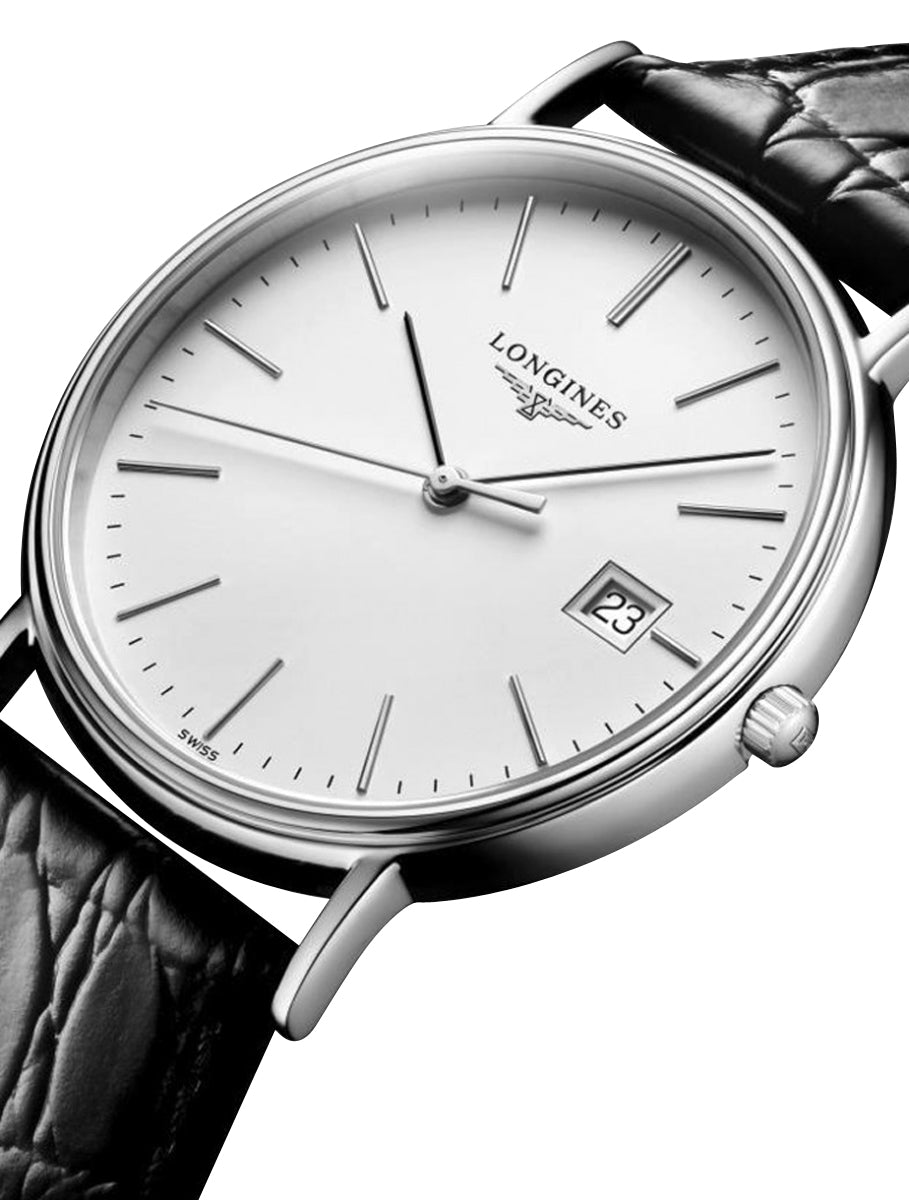 Longines Presence Stainless Steel White Dial Black Leather Strap Date Quartz Mens Watch L4.790.4.12.2 wholesalehk.shop